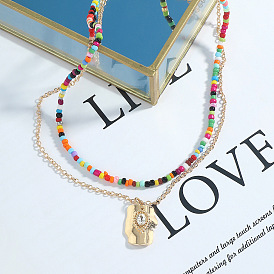 Bohemian Style Colorful Beaded Necklace with Multi-layered Metal Chains for Summer