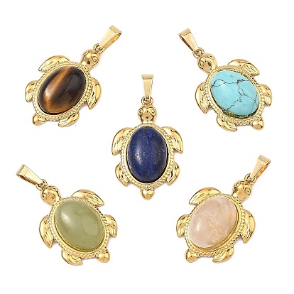 Природные и синтетические смешанные каменные подвески, 304 Подвески в виде черепахи из нержавеющей стали с оправой, смешанные окрашенные и неокрашенные