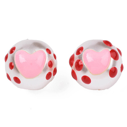 Perles de nacre en plastique ABS, avec l'émail, ronde avec le coeur