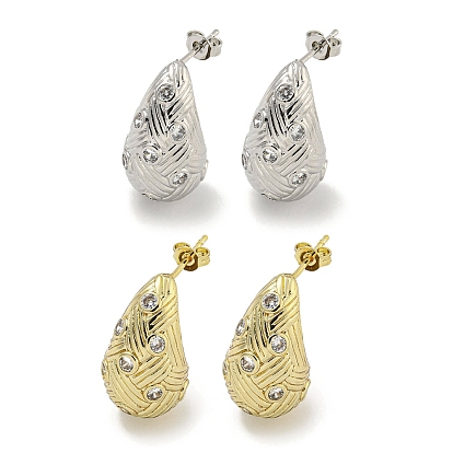 Teardrop Texture Brass Micro Pave Cubic Zirconia Stud Earrings for Women, Cadmium Free & Lead Free, Long-Lasting Plated