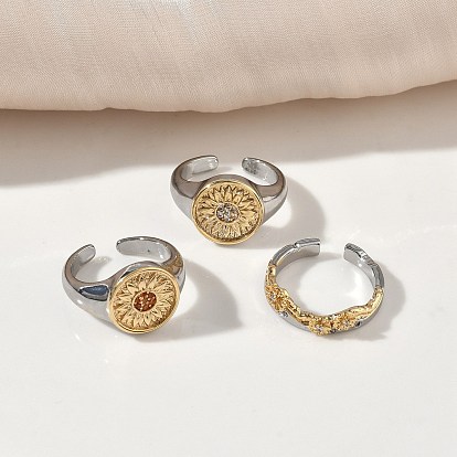 Латунные кольца из манжеты с прозрачным цирконием, цветок, стойки покрытие, долговечный, без кадмия и без свинца