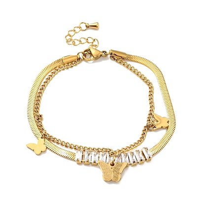 Bracelet double couche à maillons rectangulaires en verre et breloque papillon, placage ionique (ip) 304 bracelet multi-rangs chaînes en acier inoxydable pour femme