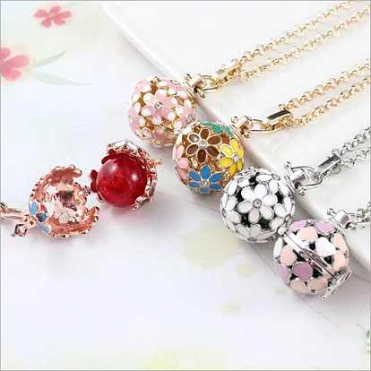 Brass Enamel Cage Pendants, For Chime Ball Pendant Necklaces Making, with Rhinestone, Hollow Round with Flower
