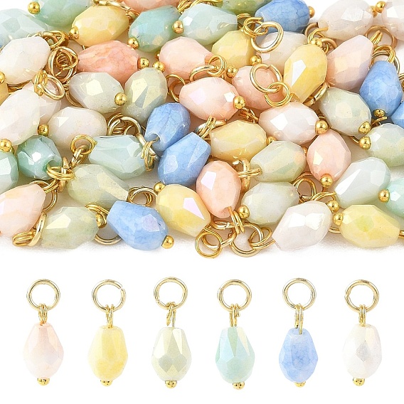 60Pcs 6 Colors Glass Pendants, Teardrop Charms, with Brass Findings and 304 Stainless Steel Jump Rings