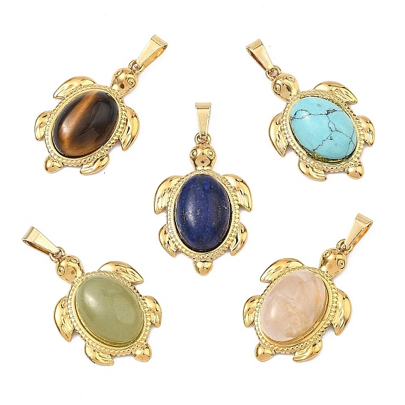 Природные и синтетические смешанные каменные подвески, 304 Подвески в виде черепахи из нержавеющей стали с оправой, смешанные окрашенные и неокрашенные