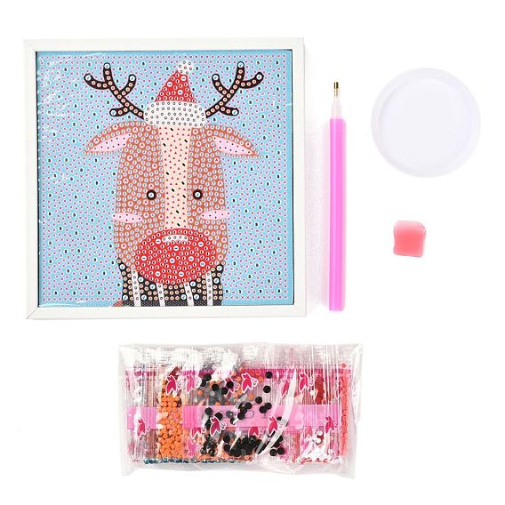 DIY Christmas Theme Diamond Painting Kits For Kids, Reindeer Pattern Photo Frame Making, with Resin Rhinestones, Pen, Tray Plate and Glue Clay