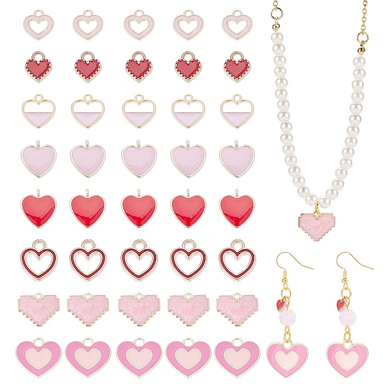 48Pcs 8 Style Alloy Enamel Pendants, Light Gold, Heart