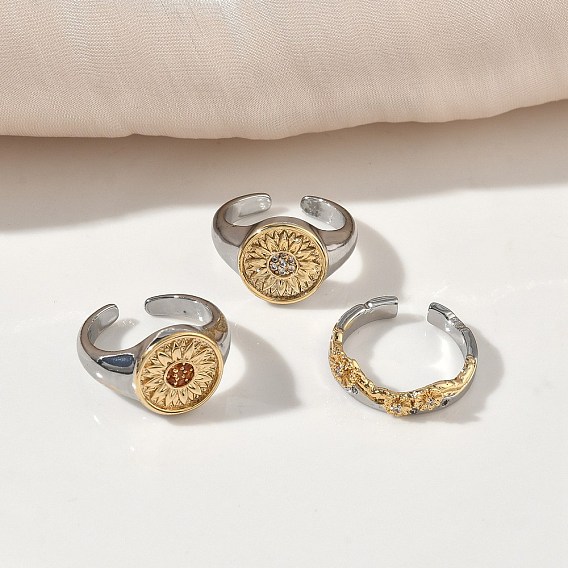 Латунные кольца из манжеты с прозрачным цирконием, цветок, стойки покрытие, долговечный, без кадмия и без свинца