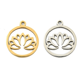 Ion Plating(IP) 201 Stainless Steel Pendants, Ring with Lotus Charm, Laser Cut