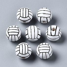 Painted Natural Wood European Beads, Large Hole Beads, Printed, Volleyball