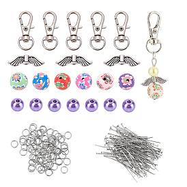 Kits de porte-clés thème ange bricolage, inclure des épingles à tête plate en fer, argile polymère main perles rondes, fermoirs et perles de pince de homard en alliage, Perles de nacre en plastique ABS