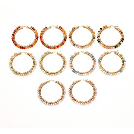 304 Stainless Steel Hoop Earrings, with Glass Beads and Copper Wire, Golden