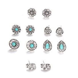 6 paires 6 style fleur & coeur & larme boucles d'oreilles en turquoise synthétique avec strass, bijoux en alliage pour femmes