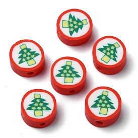 Christmas Theme Handmade Polymer Clay Beads, Flat Round with Christmas Tree