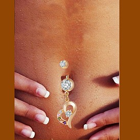 Piercing Jewelry, Brass Cubic Zirconia Navel Ring, Belly Rings, with 304 Stainless Steel Bar, Cadmium Free & Lead Free, Heart