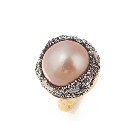 Round Natural Abalone Shell & Freshwater Pearls Finger Ring, Brass Rhinestone Finger Ring for Women