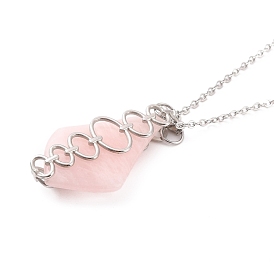 Rose Quartz Pendant Necklaces, with 304 Stainless Steel Cable Chain and 201 Stainless Steel Lobster Claw Clasps
