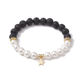 Lune/étoile 304 bracelets à breloques en acier inoxydable, Bracelets extensibles en perles de pierre de lave naturelle et de coquillage rondes de mm pour femmes et hommes