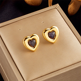 Minimalist Heart-shaped Titanium Steel Earrings with Intricate Inlay Design for High-end Fashion and Sophisticated Style