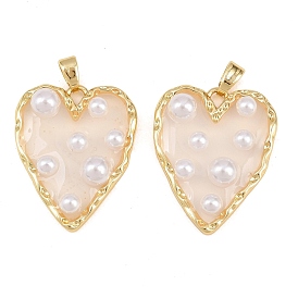 Rack Plating Brass & Epoxy Resin Pendants, Heart Charms with Plastic Beads, Long-Lasting Plated, Lead Free & Cadmium Free