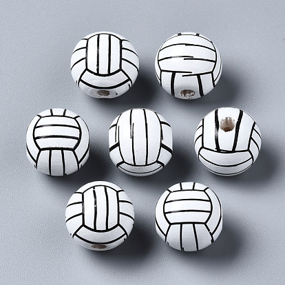 Painted Natural Wood European Beads, Large Hole Beads, Printed, Volleyball