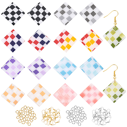 Checkerboard Dangle Earrings DIY Making Kit, Including Rhombus Acrylic Pendants, Iron Earring Hooks & Jump Rings