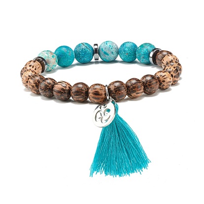 Tassel & Om Symbol Flat Round Charm Yoga Energy Bracelet, Natural American Turquoise & Non-magnetic Synthetic Hematite & Wood Beads Stretch Bracelet for Women, Dark Turquoise