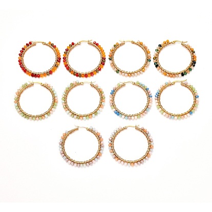 304 Stainless Steel Hoop Earrings, with Glass Beads and Copper Wire, Golden