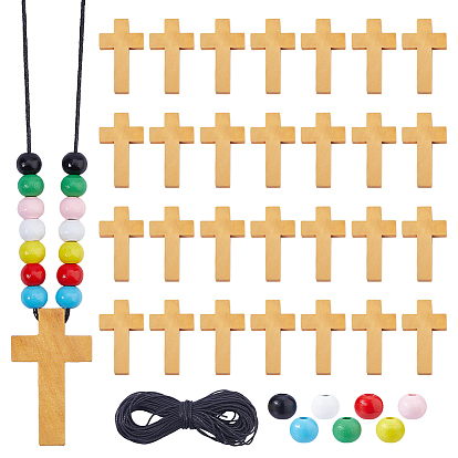 Наборы для самостоятельного изготовления круглых и крестообразных подвесок для ожерелий., включая шнуры из вощеной хлопчатобумажной нити, Круглые бусины из древесины шима, окрашенные аэрозольной краской., деревянный крест-подвеска