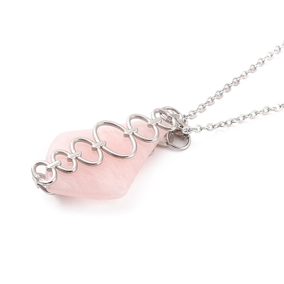 Rose Quartz Pendant Necklaces, with 304 Stainless Steel Cable Chain and 201 Stainless Steel Lobster Claw Clasps