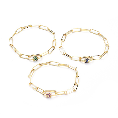 Brass Paperclip Chain Bracelets, with Brass Micro Pave Cubic Zirconia Screw Carabiner Lock Charms, Oval