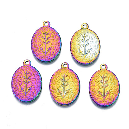 Ion Plating(IP) 304 Stainless Steel Pendants, Cadmium Free & Nickel Free & Lead Free, Oval with Grass