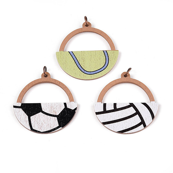 Wood Pendants, Printed, with Iron Ring, Ball Games