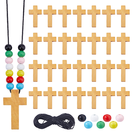 Наборы для самостоятельного изготовления круглых и крестообразных подвесок для ожерелий., включая шнуры из вощеной хлопчатобумажной нити, Круглые бусины из древесины шима, окрашенные аэрозольной краской., деревянный крест-подвеска