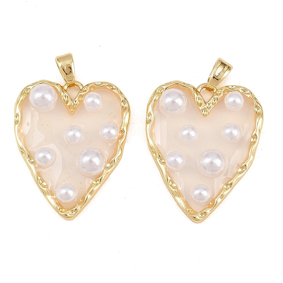 Rack Plating Brass & Epoxy Resin Pendants, Heart Charms with Plastic Beads, Long-Lasting Plated, Lead Free & Cadmium Free