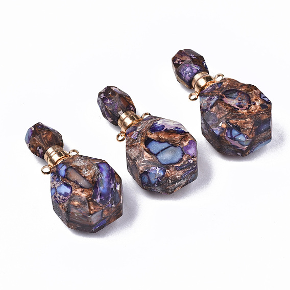 Assembled Synthetic Bronzite and Imperial Jasper Openable Perfume Bottle Pendants, with Light Gold Brass Findings, Dyed