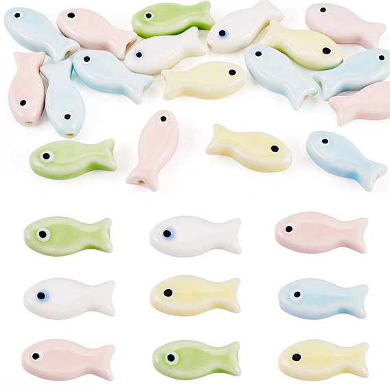 18Pcs Handmade Porcelain Ceramic Beads, Famille Rose Porcelain, Fish