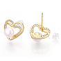 Hollow Heart Clear Cubic Zirconia Stud Earrings with Natural Pearl, Brass Earring with 925 Sterling Silver Pins