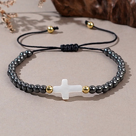 Adjustable Vintage Cross Synthetic Non-magnetic Hematite Braided Beaded Bracelets for Men, Unique Design Gift for Boyfriend