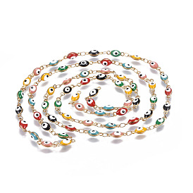 304 Stainless Steel Enamel Chains, Soldered, Oval with Evil Eye, Colorful