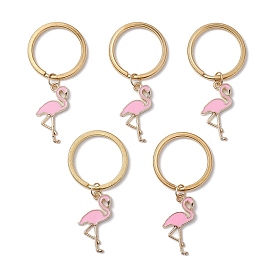 5Pcs Brass Keychains, with Alloy Enamel Pendants, Flamingo Shape