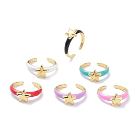 Brass Enamel Cuff Rings, Real 18K Gold Plated, Long-Lasting Plated, Star