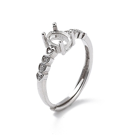 Adjustable Rhodium Plated 925 Sterling Silver Clear Cubic Zirconia Ring Components, 4 Prong Ring Settings, Heart & Oval