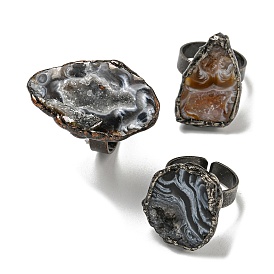 Natural Agate Adjustable Rings, with Antique Silver Brass Findings, Jewely for Unisex, Nuggest