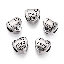 304 бусины европейского стиля из нержавеющей стали с крупными отверстиями, сердце с словом я тебя люблю