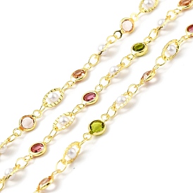 Handmade Eco-friendly Brass Glass Flat Round & Oval Link Chain, with Glass & CCB Beaded, Long-Lasting Plated, Golden, Soldered, with Spool
