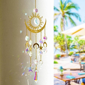 Metal Sun Moon Hanging Ornaments, Glass Tassel Suncatchers for Home Garden Ornament