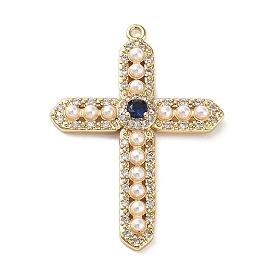 Rack Plating Brass Micro Pave Cubic Zirconia and Plastic Pearl Pendants, Cross Charms, Long-Lasting Plated, Cadmium Free & Lead Free