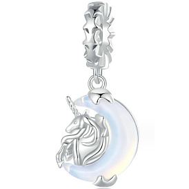 925 Sterling Silver Unicorn European Dangle Charms, with Moon Glass, Large Hole Pendant, Cadmium Free & Nickel Free & Lead Free