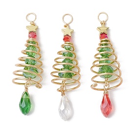 3Pcs 3 Colors Christmas Theme Copper Wired Glass Big Pendants, with Brass Beads, Christmas Tree